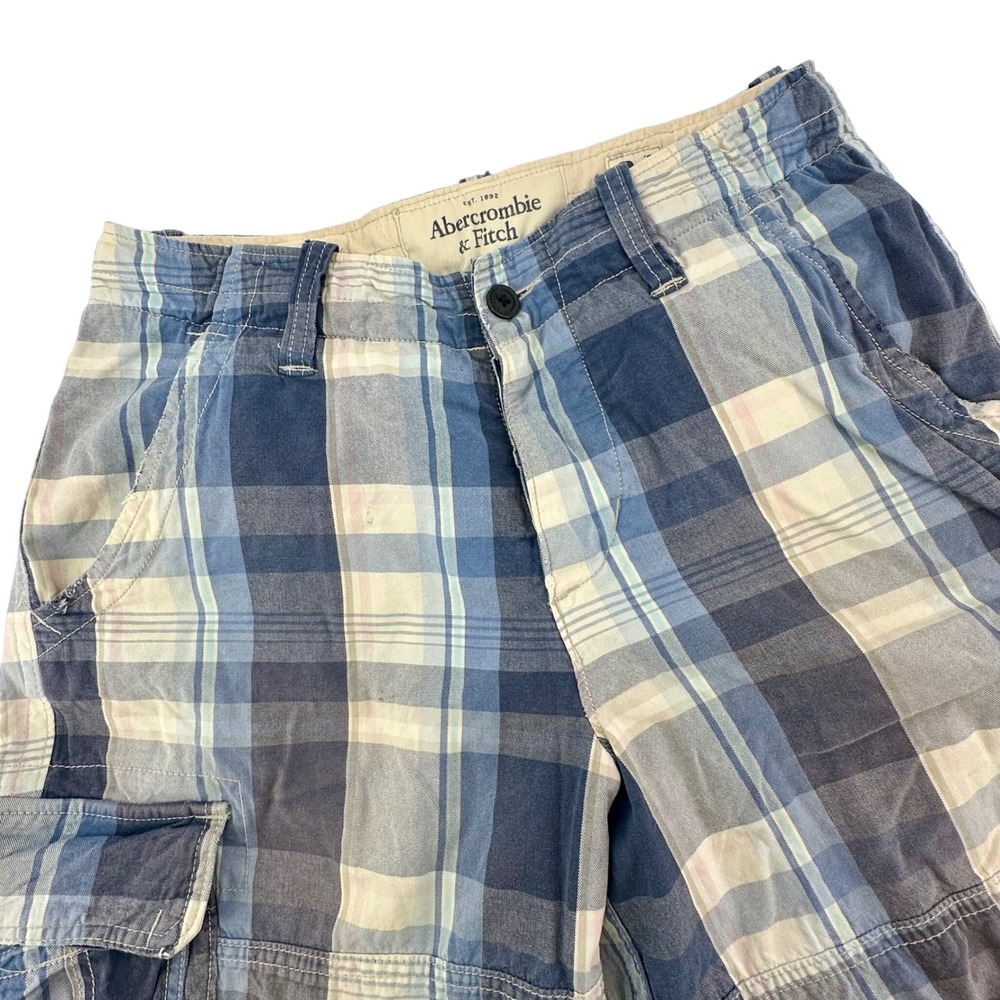 VTG Abercrombie & Fitch Mens Blue Plaid Y2K Cargo Shorts Size 34 Cotton Rugged